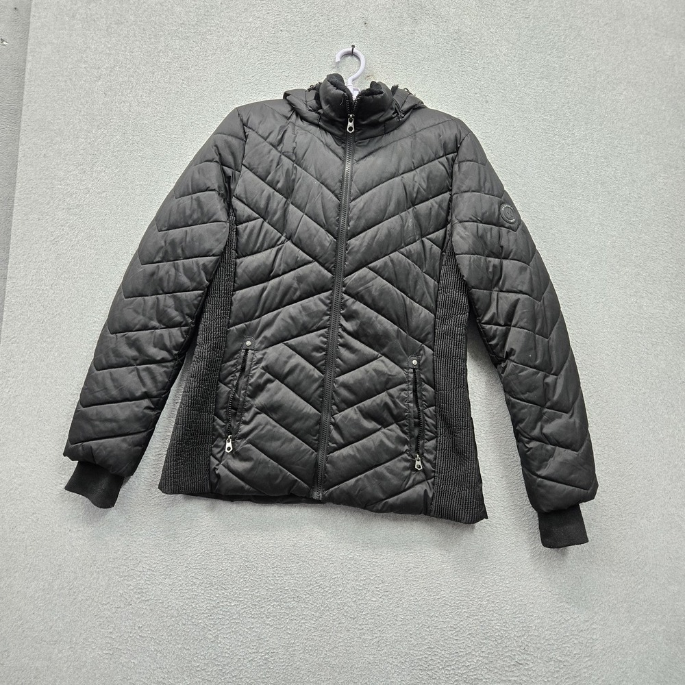 Nautica Women Jacket L Black Geometric Puffer Quilted Zipper Logo Pockets